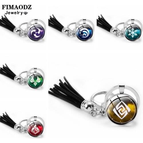 FIMAODZ Genshin Impact Game Keychain Colorful Tassel Creative Car Bag Pendant Key Chain 6 Elements Eye of God Glass Keyring