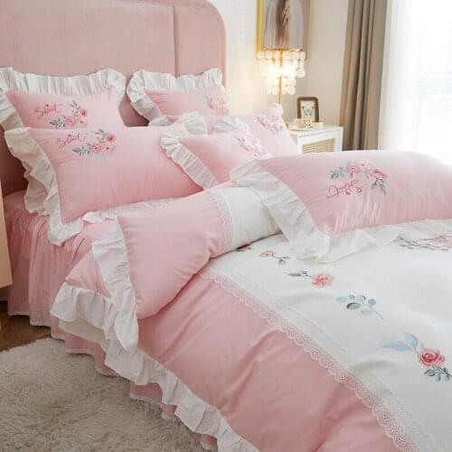 Sweet Korean Princess Luxury Bedding Set Cotton 4pcs Rose Flower Embroidery Lace Duvet Cover Bedspread Bed Sheet Pillowcases