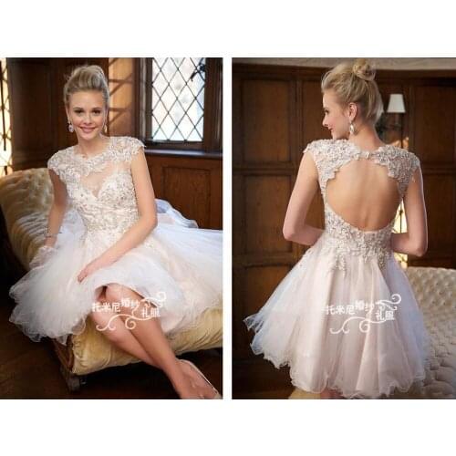 Vestidos sexy backless a-line lace appliques short Prom Dresses 2015 new style weddings Custom Made cap sleeve knee-length