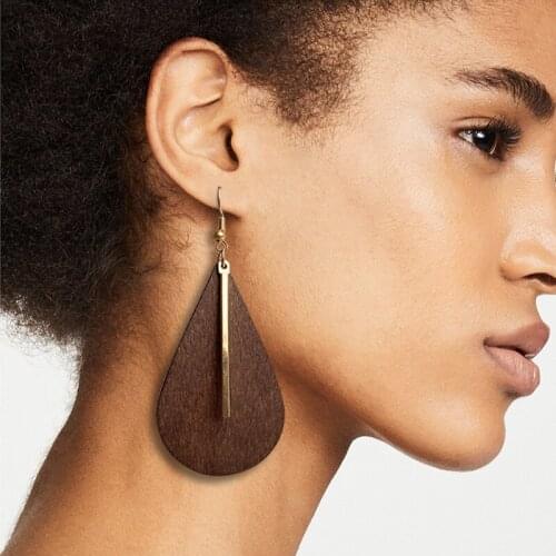 Round Teardrop Wood Metal Minimalist Style Dangle Drop Earrings for Women Fashion Wooden Jewelry Gift Accessories