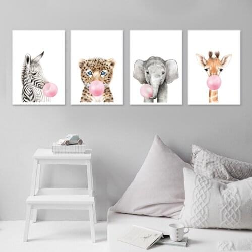 Pink Bubble Elephant Giraffe Child Poster Animal Wall Art Canvas Nursery Prints Painting Nordic Kid Baby Room Decoration Picture