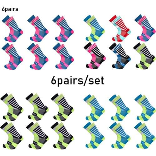 6pairs/set Striped Cycling Socks Compressed Breathable Pro Competition Mountain Bike Racing Sports Socks Calcetines Ciclismo