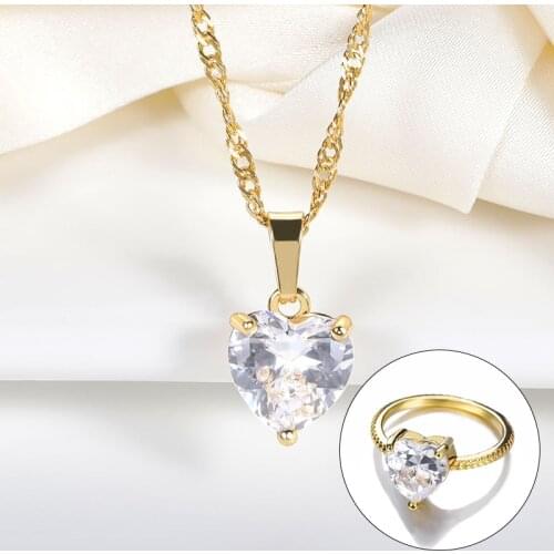 New Trendy Crystal Engagement Design Hot Sale Heart Rings Necklace For Women Zircon Cubic Elegant Female Wedding Jewelry Gifts