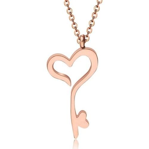 New rose gold color stainless steel heart key pendant necklace women collier, fashion love necklaces & pendants jewelry bijoux