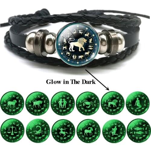 Wholesale Luminous Bracelet 12 Zodiac Leo Libra Sagittarius Capricorn Aquarius Braided Leather Bracelet Glowing Jewelry