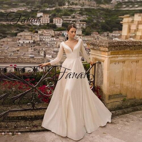 Glittery Long Sleeve A-Line Wedding Dress Simple Floor Length V-Neck Sweep Train Bridal Gown robe de soirée de mariage платье