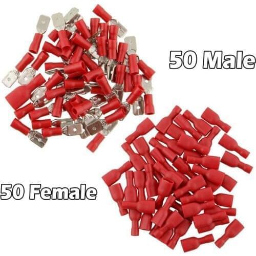 100 Pcs/Set Red 6.3mm 16-14AWG Female Male Insulated Crimp Terminal Spade Connectors Electrical Wiring Connector Cable Lugs Flat