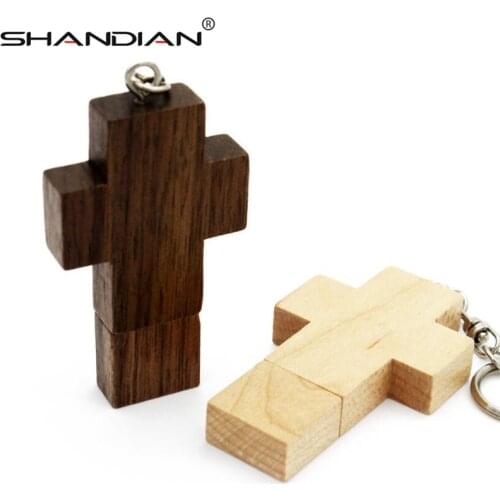 SHANDIAN new Wooden cross pen drive pendrive 16gb 32gb 64gb natural wood Usb Flash Drive U disk Memory Stick Gift 1PCS free logo