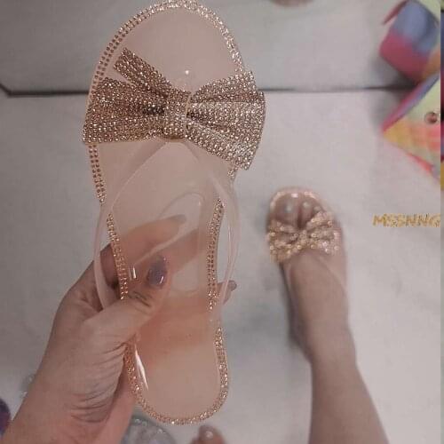 2021 New Women Slippers Fashion Transparent Butterfly Knot Crystal Bling Shoes Female Beach Casual Flat Womens Flip Flops