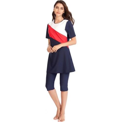 Modest Muslim Swimwear Bathing Suit Women Girls Short Sleeve Beachwear Swimming Surf Patchwork Islamic Swimsuits