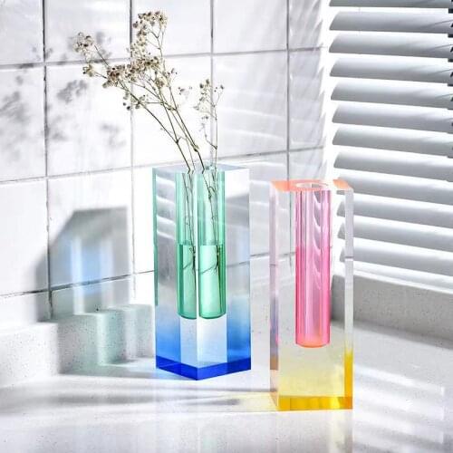 Modern Rainbow Color Bud Vase Tabletop Glass Vases Luxury Decorative Acrylic Crystal Nordic Room Decoration Home