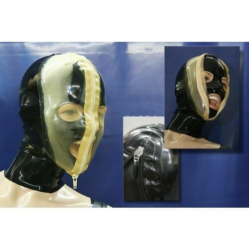 Unique design 100% latexPure Latex Gummi anti-clip Schwarz Maske Kapuze Hood Tight Zipper 0.4mm S-XXL