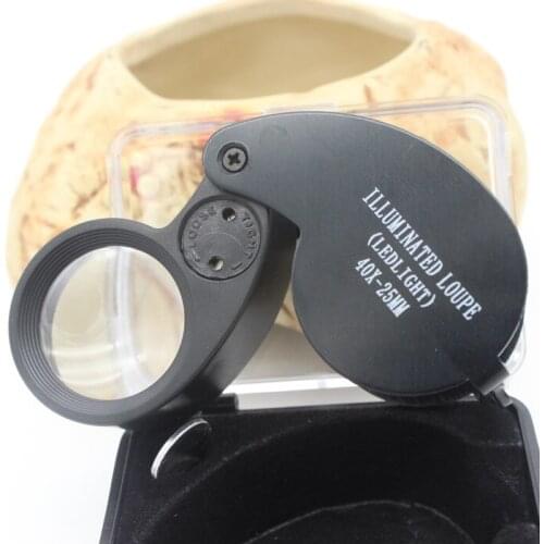 40X 25mm Black Metal Illuminated Pocket Magnifier Magnifying Glass Loupe for Jewelry Gem Identifying with 2pcs LED Lights