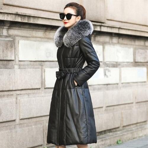 Genuine Down Leather Jacket Female Winter New Sheepskin Leather Hooded Long Coat Fox Fur Collar Slim Belt Long Leather Jacket