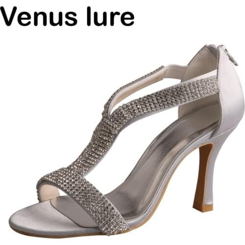 Handmade Ladies Silver Sandals Size 5 Peep Toe Bridesmaid Heels with Rhinestones