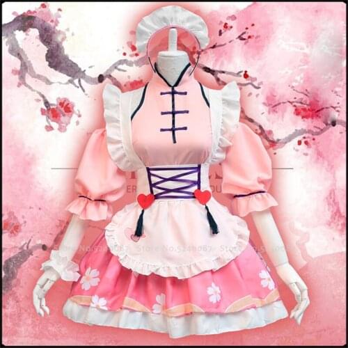Arena of Valor Game Cosplay Xiao Qiao Pink Wig Sakura Lolita Dress Women Princess Maid Anime Party Qipao Costumes Set Op Apron