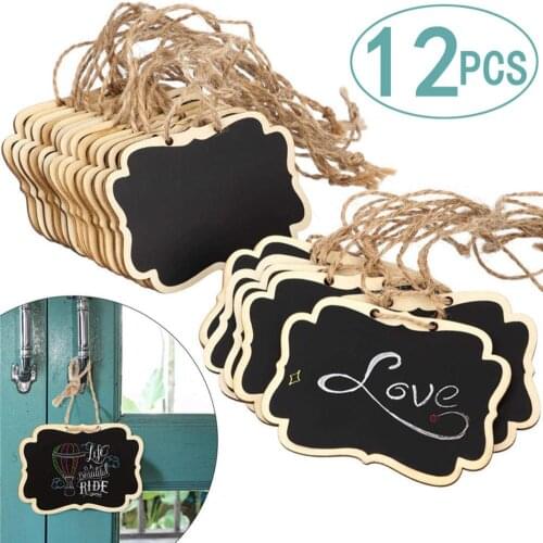 12pcs/lot Hemp Rope Hanging Rectangle Chalkboards Mini Chalk Writing Material for Message Note Board Signs (Color: Black)