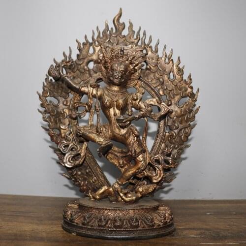 14"Tibet Buddhism Old Bronze Cinnabar Lacquer Back light Mahakala Buddha statue Mahakala Great Dark Sky Sitting Buddha Enshrine