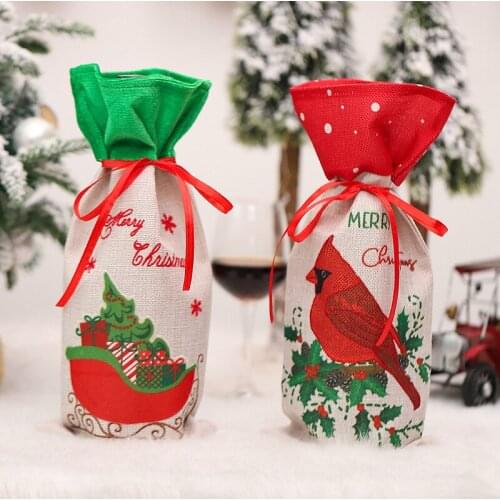 2pcs Red Green Cartoon Bird Gift Box Sled Christmas Wine Bottle Bag New Year Party Champagne Bundle Pocket Party Decor