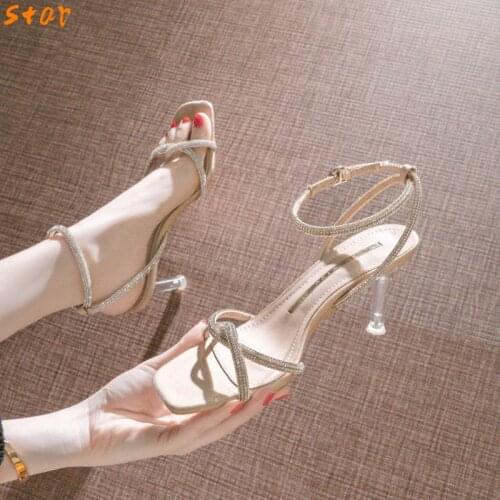 2021 Summer Open Toe Thin Womens High Heels Stiletto Fashion Sexy Rhinestone Word Womens Sandals Wedding Party Womens Shoes