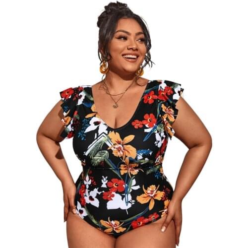 2021 Sexy One Piece Swimsuit Push Up Print Plus Size Swimwear New for Big Women Ruffle Monokini Swimsuit Bodysuit Bathing Suit
