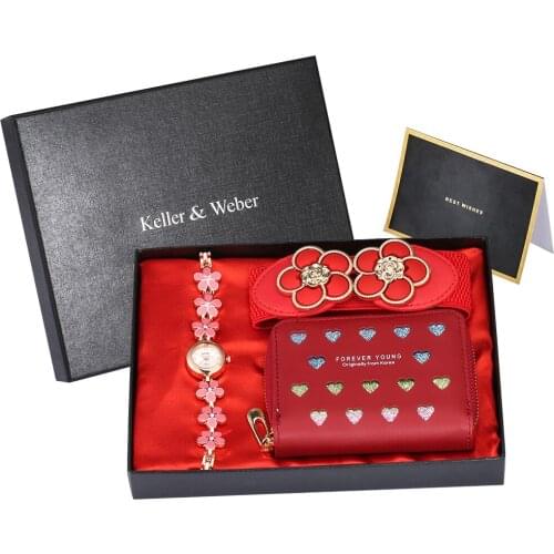 2021 Women Quartz Wristwatches Gift Set Hollow Wallet Flower Belt Card Watch with Box Best Gifts for Female Lover Girlfriend