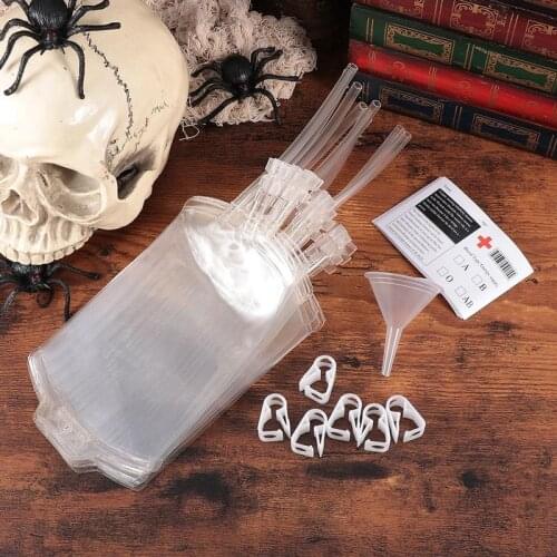 31pcs Blood Bags Plastic Drink Bags Halloween Festival Party Supplies Clips Sticker Funnel Accessories for Beverage Liquid Juice
