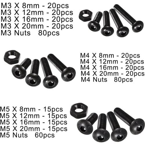 440pcs/set M3 M4 M5 Black Button Head Hex Socket Screw Bolt Nut Alloy Steel Hex Socket Button Head Cap Bolts Screws Nuts Set