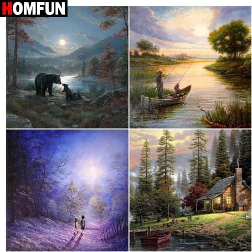 HOMFUN 5D Diy Diamond Painting Cross Stitch "Bear Forest Lake Night" Home Decor Full Rhinestones Inlay Diamond Embroidery