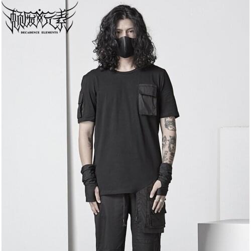 Asymmetrical design patchwork T-shirt Alternative gothic mens nightclub dark personality short-sleeved slim fit