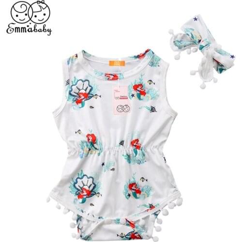 Newborn Baby Girls Bodysuit Summer Kids Clothes Infant Jumpsuit Toddler Girls Bodysuit+Headband Mermaid Outfit 2pcs 0-2T