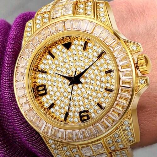 Baguette Diamonds 18K Gold Watch Men Luxury Brand Diamond Mens Watches Top Brand Luxury Analog Male Arabic Numbers Quartz Watch