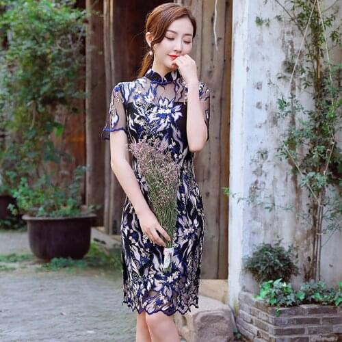 Black Sexy Women Chinese Traditional Dress Short Sleeve Cheongsam Lace Lady Elegance Qipao Evening Party Mini Dresses 90