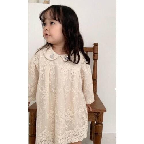Girl Lace Dress Peter Pan Collar Long Sleeve Loose Beige Princess Dress Children Clothes E9039