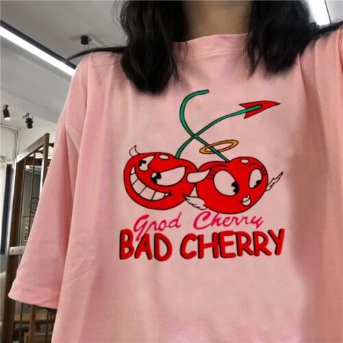 Cute pink T-shirt womens summer fashion loose o-neck top fun Cartoon Bad Cherry print ulzzang Harajuku Kawai casual T-shirt