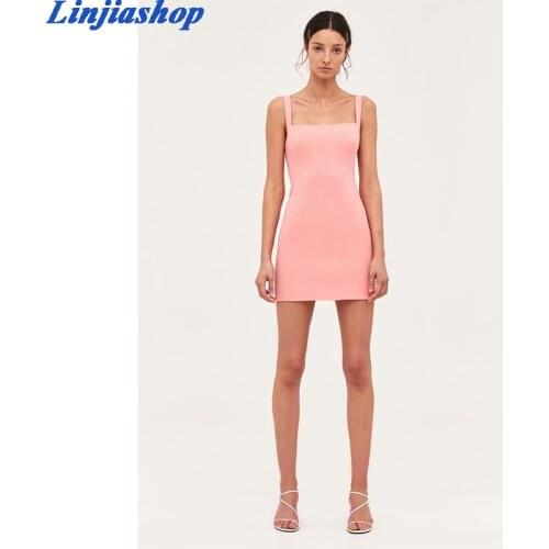 Fashion summer dress solid pink spaghetti straps sleeveless backless zipper slim short dress ladies dropshipping