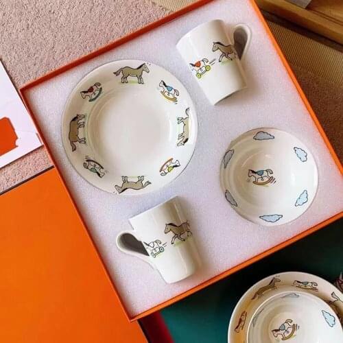 Ceramic Children Tableware Set Including 2 Cups & 2 Bowls Trojan Horse Series Style Milk Water Mugs Birthday Wedding Presents