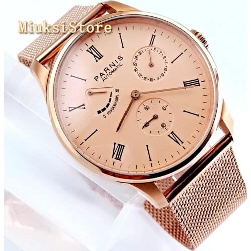 Parnis 42mm mens luxury mechanical watch rose gold case rose gold dial calendar steel strap sea gull automatic movement Wrist