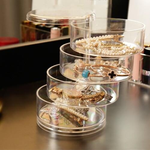 Transparent 4 Tiers Jewelry Storage Box With Lid Acrylic Makeup Organizer Rotating Jewelry Organizer Case High Quality