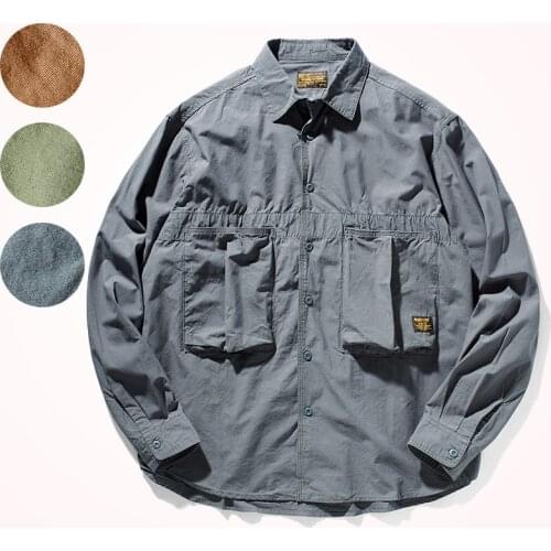 2021 Spring and Summer New American Style Thin Shirt Coat Mens Fashion Loose Over Size Long Sleeve Lapel Casual Cargo Blouse