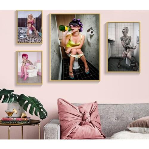 Self-adhesive Wall Sticker Fashion Toilet Girl Wall Art Sexy lady Smoking Drink Posters Prints Wall Picture For Bathroom Decor
