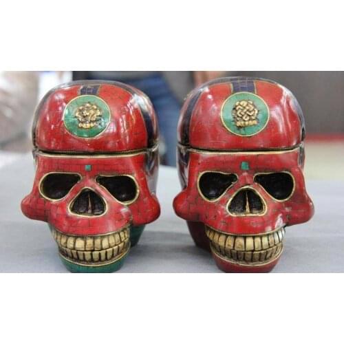 Tibet Buddhism Bronze Copper inlay turquoise coral shell Skull Head Pair Statue (have green statue choice)
