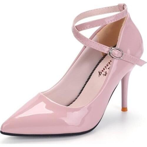 Women pumps PU Buckle Strap 9.5CM Thin Heels High heels Pointed Toe Shallow shoes for women women shoes 2020 size 35-42