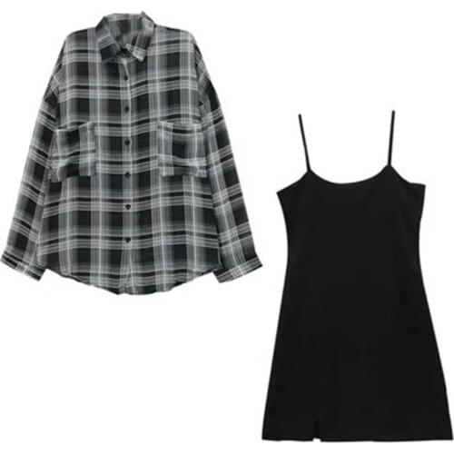 Vintage Spring Autumn Slim Plus Size Womens Sling Dress 2021 New Street Long Sleeve Plaid Shirts + Two-piece Suits M716