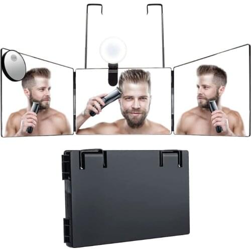 652C Trifold Hair Cutting Mirror with Lights 10X Magnification Self Styling Mirrors Adjustable Height Telescopic Hook Lighted