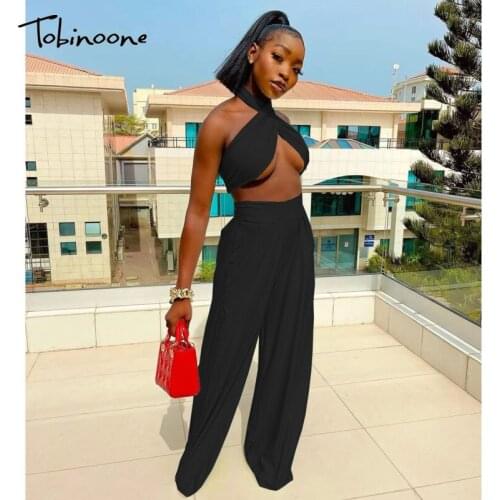 Tobinoone Solid Ruched Black Loose 2 Piece Sets Women O-Neck High Waist Date Pant Sets Backless Lace Up Sexy Party Womens Sets