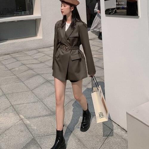 2021 New Autumn Ladies Fashion Casual Long Sleeve Solid Color Sashes Notched Slim Blazer Coat Women Clothing