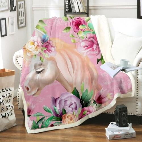 Deccoration Cartoon Flower Horse Unicorn Blanket Thick Lamb Wool Fleece Blanket Winter Bed Bedspread Kid Sofa Warm Throw Blanket