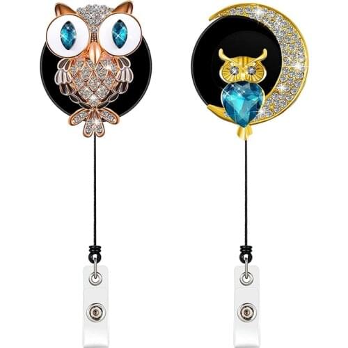 2Pcs Retractable Badge Holder Reel Owl ID Holder Rhinestones Badge Reel Holder with Alligator Clip for Nurse