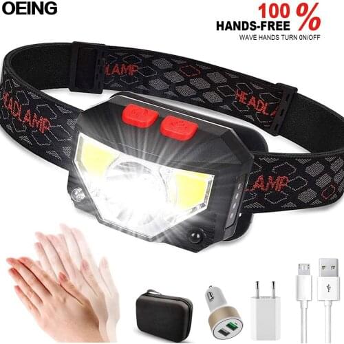 21000lumens LED Headlamp Built-in Battery USB Rechargeable LED Headlight Body Motion Sensor Head Flashlight red+white Light Lamp